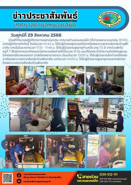วันศุกร์ที่ 29 สิงหาคม 2568 เจ้าหน้าที่หน่วยปฏิบัติการการแพทย์ฉุกเฉิน เทศบาลตำบลหนองเสม็ด ได้นำรถพยาบาลฉุกเฉิน (EMS) ออกปฏิบัติภารกิจดังนี้ โดยในเวลา 01:45 น. ได้รับผู้ป่วยหญิงรายหนึ่งจากโรงพยาบาลตราดส่งกลับบ้านพักอาศัย จากนั้นในระหว่างเวลา 11:10 - 11:46 น. ได้รับผู้ป่วยชายสูงอายุท่านหนึ่ง อายุ 72 ปี จากบ้านพักในหมู่ที่ 7 ซึ่งมีอาการปวดท้องและไม่สามารถขับถ่ายได้เป็นเวลา 8 วัน และมีโรคประจำตัวความดันโลหิตสูงและโรคหลอดเลือดสมองแตก นำส่งโรงพยาบาลตราด ต่อมาในเวลา 13:00 น. ได้รับผู้ป่วยชายอีกท่านหนึ่งกลับจากโรงพยาบาลตราดส่งกลับบ้านพักอาศัย และในเวลา 14:00 น. ได้รับผู้ป่วยชายสูงอายุรายแรกกลับจากโรงพยาบาลตราดส่งกลับบ้านพักอาศัย