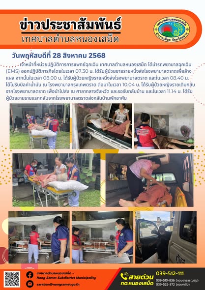 วันพฤหัสบดีที่ 28 สิงหาคม 2568
                        เจ้าหน้าที่หน่วยปฏิบัติการการแพทย์ฉุกเฉิน เทศบาลตำบลหนองเสม็ด ได้นำรถพยาบาลฉุกเฉิน (EMS) ออกปฏิบัติภารกิจโดยในเวลา 07.30 น. ได้รับผู้ป่วยชายรายหนึ่งส่งโรงพยาบาลตราดเพื่อล้างแผล จากนั้นในเวลา 08.00 น. ได้รับผู้ป่วยหญิงรายหนึ่งส่งโรงพยาบาลตราด และในเวลา 08.40 น. ได้ไปรับบิลค่าน้ำมัน ณ โรงพยาบาลกรุงเทพตราด ต่อมาในเวลา 10.04 น. ได้รับผู้ป่วยหญิงรายเดิมกลับจากโรงพยาบาลตราด เพื่อนำไปส่ง ณ ศาลากลางจังหวัด และรอรับกลับบ้าน และในเวลา 11.14 น. ได้รับผู้ป่วยชายรายแรกกลับจากโรงพยาบาลตราดส่งกลับบ้านพักอาศัย