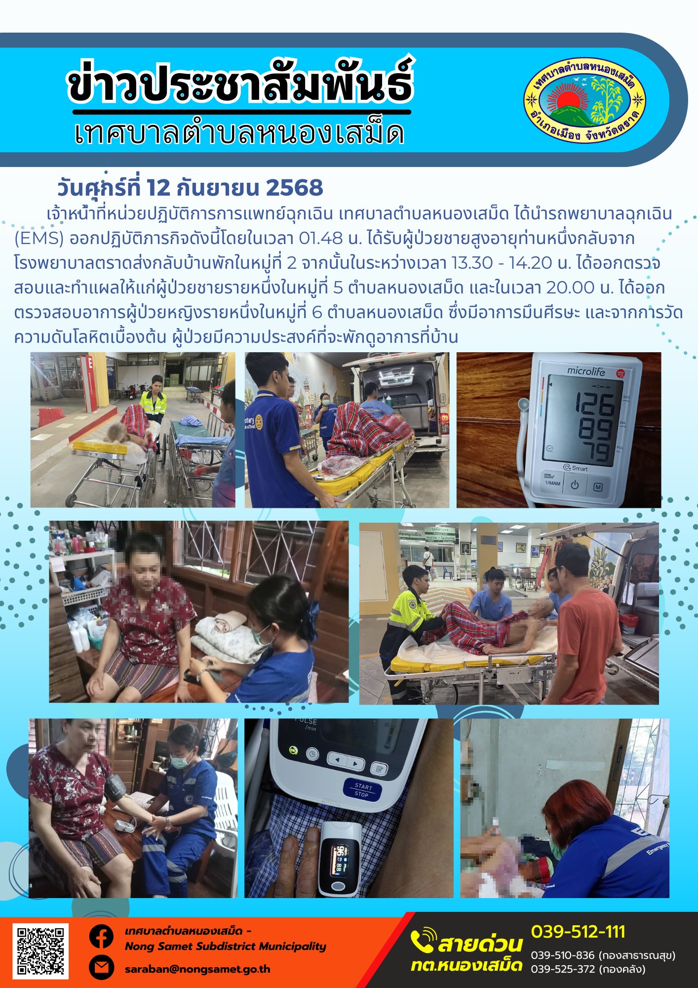 ข่าวประชาสัมพันธ์เทศบาลตำบลหนองเสม็ด
วันศุกร์ที่ 12 กันยายน 2568
          เจ้าหน้าที่หน่วยปฏิบัติการการแพทย์ฉุกเฉิน เทศบาลตำบลหนองเสม็ด ได้นำรถพยาบาลฉุกเฉิน (EMS) ออกปฏิบัติภารกิจดังนี้โดยในเวลา 01.48 น. ได้รับผู้ป่วยชายสูงอายุท่านหนึ่งกลับจากโรงพยาบาลตราดส่งกลับบ้านพักในหมู่ที่ 2 จากนั้นในระหว่างเวลา 13.30 - 14.20 น. ได้ออกตรวจสอบและทำแผลให้แก่ผู้ป่วยชายรายหนึ่งในหมู่ที่ 5 ตำบลหนองเสม็ด และในเวลา 20.00 น. ได้ออกตรวจสอบอาการผู้ป่วยหญิงรายหนึ่งในหมู่ที่ 6 ตำบลหนองเสม็ด ซึ่งมีอาการมึนศีรษะ และจากการวัดความดันโลหิตเบื้องต้น ผู้ป่วยมีความประสงค์ที่จะพักดูอาการที่บ้าน