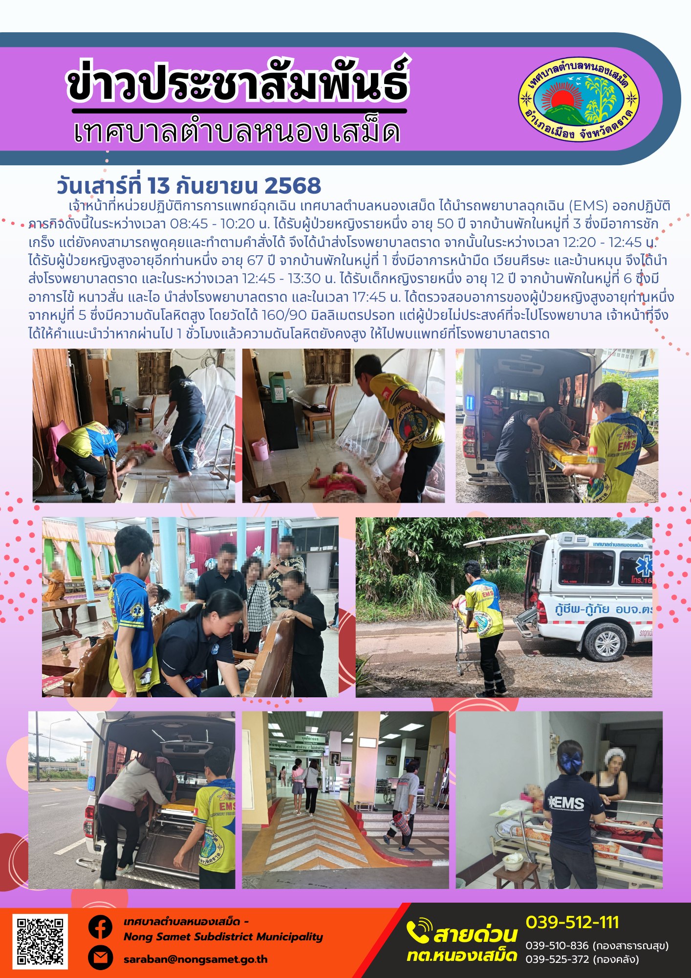 ข่าวประชาสัมพันธ์เทศบาลตำบลหนองเสม็ด
วันเสาร์ที่ 13 กันยายน 2568
             เจ้าหน้าที่หน่วยปฏิบัติการการแพทย์ฉุกเฉิน เทศบาลตำบลหนองเสม็ด ได้นำรถพยาบาลฉุกเฉิน (EMS) ออกปฏิบัติภารกิจดังนี้ในระหว่างเวลา 08:45 - 10:20 น. ได้รับผู้ป่วยหญิงรายหนึ่ง อายุ 50 ปี จากบ้านพักในหมู่ที่ 3 ซึ่งมีอาการชักเกร็ง แต่ยังคงสามารถพูดคุยและทำตามคำสั่งได้ จึงได้นำส่งโรงพยาบาลตราด จากนั้นในระหว่างเวลา 12:20 - 12:45 น. ได้รับผู้ป่วยหญิงสูงอายุอีกท่านหนึ่ง อายุ 67 ปี จากบ้านพักในหมู่ที่ 1 ซึ่งมีอาการหน้ามืด เวียนศีรษะ และบ้านหมุน จึงได้นำส่งโรงพยาบาลตราด และในระหว่างเวลา 12:45 - 13:30 น. ได้รับเด็กหญิงรายหนึ่ง อายุ 12 ปี จากบ้านพักในหมู่ที่ 6 ซึ่งมีอาการไข้ หนาวสั่น และไอ นำส่งโรงพยาบาลตราด และในเวลา 17:45 น. ได้ตรวจสอบอาการของผู้ป่วยหญิงสูงอายุท่านหนึ่งจากหมู่ที่ 5 ซึ่งมีความดันโลหิตสูง โดยวัดได้ 160/90 มิลลิเมตรปรอท แต่ผู้ป่วยไม่ประสงค์ที่จะไปโรงพยาบาล เจ้าหน้าที่จึงได้ให้คำแนะนำว่าหากผ่านไป 1 ชั่วโมงแล้วความดันโลหิตยังคงสูง ให้ไปพบแพทย์ที่โรงพยาบาลตราด