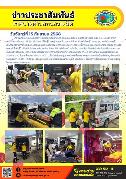 ข่าวประชาสัมพันธ์เทศบาลตำบลหนองเสม็ด
วันจันทร์ที่ 15 กันยายน 2568
              เจ้าหน้าที่หน่วยปฏิบัติการการแพทย์ฉุกเฉิน เทศบาลตำบลหนองเสม็ด ได้นำรถพยาบาลฉุกเฉิน (EMS) ออกปฏิบัติภารกิจในระหว่างเวลา 15.21 - 16.00 น. ได้รับผู้ป่วยหญิงรายหนึ่ง อายุ 45 ปี จากบ้านพักในหมู่ที่ 1 ซอยสุขนาน ซึ่งมีอาการไม่สามารถทำตามคำสั่งและไม่สามารถพูดได้ โดยมีเสียงอือในลำคอ มีโรคประจำตัวภาวะน้ำท่วมปอดและโรคหลอดเลือดสมอง ตรวจวัดความดันโลหิตได้ 137/87 มิลลิเมตรปรอท อัตราชีพจร 117 ครั้งต่อนาที ระดับน้ำตาลในเลือด 154 มิลลิกรัมต่อเดซิลิตร และความอิ่มตัวของออกซิเจน 98% จึงได้นำส่งโรงพยาบาลตราดด้วยรถพยาบาลฉุกเฉินขั้นสูง (ALS) หลังจากเปลี่ยนถ่ายผู้ป่วยในเวลา 15.30 น. ต่อมาในระหว่างเวลา 16.00 - 16.30 น. ได้รับผู้ป่วยหญิงรายหนึ่งจากโรงพยาบาลตราดส่งกลับบ้านพักในหมู่ที่ 6 และในระหว่างเวลา 18.00 - 19.00 น. ได้รับผู้ป่วยชายรายหนึ่งจากบ้านพักในหมู่ที่ 1 ซอยสุขนาน ซึ่งมีอาการปวดหลังและหลังยอก นำส่งโรงพยาบาลกรุงเทพตราด