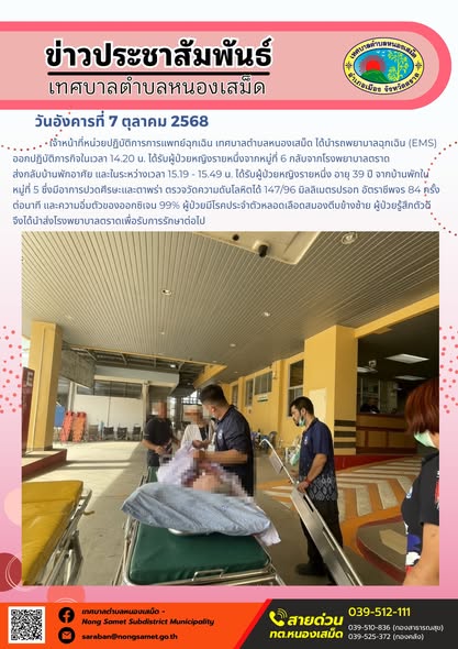 ข่าวประชาสัมพันธ์เทศบาลตำบลหนองเสม็ด
วันอังคารที่ 7 ตุลาคม 2568
                      เจ้าหน้าที่หน่วยปฏิบัติการการแพทย์ฉุกเฉิน เทศบาลตำบลหนองเสม็ด ได้นำรถพยาบาลฉุกเฉิน (EMS) ออกปฏิบัติภารกิจในเวลา 14.20 น. ได้รับผู้ป่วยหญิงรายหนึ่งจากหมู่ที่ 6 กลับจากโรงพยาบาลตราด
ส่งกลับบ้านพักอาศัย และในระหว่างเวลา 15.19 - 15.49 น. ได้รับผู้ป่วยหญิงรายหนึ่ง อายุ 39 ปี จากบ้านพักในหมู่ที่ 5 ซึ่งมีอาการปวดศีรษะและตาพร่า ตรวจวัดความดันโลหิตได้ 147/96 มิลลิเมตรปรอท อัตราชีพจร 84 ครั้งต่อนาที และความอิ่มตัวของออกซิเจน 99% ผู้ป่วยมีโรคประจำตัวหลอดเลือดสมองตีบข้างซ้าย ผู้ป่วยรู้สึกตัวดี จึงได้นำส่งโรงพยาบาลตราดเพื่อรับการรักษาต่อไป