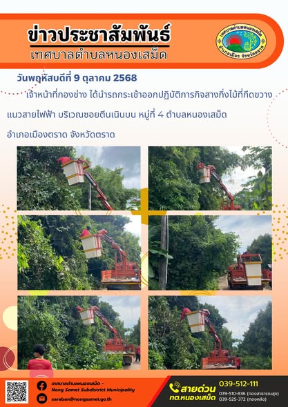 ข่าวประชาสัมพันธ์เทศบาลตำบลหนองเสม็ด
วันพฤหัสบดีที่ 9 ตุลาคม 2568
                      เจ้าหน้าที่กองช่าง ได้นำรถกระเช้าออกปฏิบัติภารกิจสางกิ่งไม้ที่กีดขวางแนวสายไฟฟ้า บริเวณซอยตีนเนินบน หมู่ที่ 4 ตำบลหนองเสม็ด อำเภอเมืองตราด จังหวัดตราด