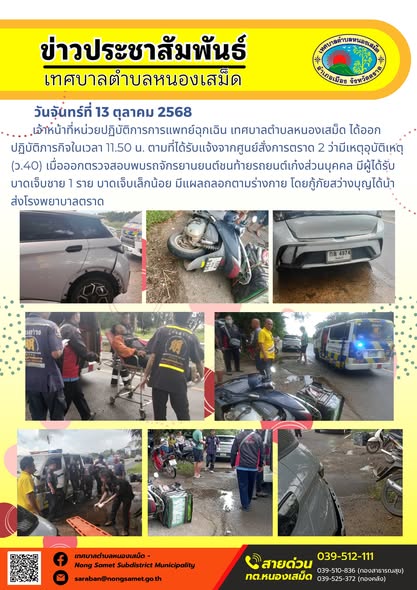 ข่าวประชาสัมพันธ์เทศบาลตำบลหนองเสม็ด
วันจันทร์ที่ 13 ตุลาคม 2568
                 เจ้าหน้าที่หน่วยปฏิบัติการการแพทย์ฉุกเฉิน เทศบาลตำบลหนองเสม็ด ได้ออกปฏิบัติภารกิจในเวลา 11.50 น. ตามที่ได้รับแจ้งจากศูนย์สั่งการตราด 2 ว่ามีเหตุอุบัติเหตุ (ว.40) เมื่อออกตรวจสอบพบรถจักรยานยนต์ชนท้ายรถยนต์เก๋งส่วนบุคคล มีผู้ได้รับบาดเจ็บชาย 1 ราย บาดเจ็บเล็กน้อย มีแผลถลอกตามร่างกาย โดยกู้ภัยสว่างบุญได้นำส่งโรงพยาบาลตราด