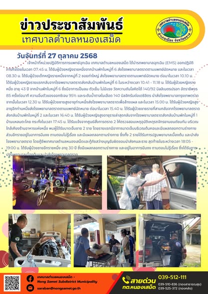 ข่าวประชาสัมพันธ์เทศบาลตำบลหนองเสม็ด
วันจันทร์ที่ 27 ตุลาคม 2568
          เจ้าหน้าที่หน่วยปฏิบัติการการแพทย์ฉุกเฉิน เทศบาลตำบลหนองเสม็ด ได้นำรถพยาบาลฉุกเฉิน (EMS) ออกปฏิบัติภารกิจโดยในเวลา 07.45 น. ได้รับผู้ป่วยหญิงรายหนึ่งจากบ้านพักในหมู่ที่ 6 ส่งโรงพยาบาลตราดตามแพทย์นัดหมาย และในเวลา 08.30 น. ได้รับผู้ป่วยเด็กหญิงรายหนึ่งจากหมู่ที่ 2 ซอยท่าใหญ่ ส่งโรงพยาบาลตราดตามแพทย์นัดหมาย ต่อมาในเวลา 10.10 น. ได้รับผู้ป่วยหญิงรายแรกกลับจากโรงพยาบาลตราดส่งกลับบ้านพักในหมู่ที่ 6
ในระหว่างเวลา 10.41 - 11.18 น. ได้รับผู้ป่วยหญิงรายหนึ่ง อายุ 43 ปี จากบ้านพักในหมู่ที่ 6 ซึ่งมีอาการเป็นลม ตัวเย็น ไม่มีแรง วัดความดันโลหิตได้ 140/92 มิลลิเมตรปรอท อัตราชีพจร 85 ครั้งต่อนาที ความอิ่มตัวของออกซิเจน 95% และระดับน้ำตาลในเลือด 140 มิลลิกรัมต่อเดซิลิตร นำส่งโรงพยาบาลกรุงเทพตราด
จากนั้นในเวลา 12.30 น. ได้รับผู้ป่วยชายสูงอายุท่านหนึ่งส่งโรงพยาบาลตราดเพื่อล้างแผล และในเวลา 15.00 น. ได้รับผู้ป่วยหญิงสูงอายุอีกท่านหนึ่งส่งโรงพยาบาลตราดตามแพทย์นัดหมาย ต่อมาในเวลา 15.40 น. ได้รับผู้ป่วยชายรายที่สามกลับจากโรงพยาบาลตราดส่งกลับบ้านพักในหมู่ที่ 2 และในเวลา 16:40 น. ได้รับผู้ป่วยหญิงสูงอายุรายล่าสุดกลับจากโรงพยาบาลตราดส่งกลับบ้านพักในหมู่ที่ 1 บ้านแหลมตะโคย
กระทั่งในเวลา 17:45 น. ได้รับแจ้งจากศูนย์สั่งการตราด 2 ให้ตรวจสอบเหตุอุบัติเหตุรถจักรยานยนต์ชนกัน บริเวณใกล้เคียงร้านอาหารแห่งหนึ่ง พบผู้ได้รับบาดเจ็บชาย 2 ราย โดยรายแรกมีอาการบาดเจ็บบริเวณต้นคอและมีแผลถลอกตามร่างกาย ส่วนอีกรายอยู่ในอาการมึนงง ถามตอบไม่รู้เรื่อง และมีแผลถลอกตามร่างกาย ซึ่งทั้ง 2 รายได้รับการปฐมพยาบาลเบื้องต้น และนำส่งโรงพยาบาลตราด โดยกู้ชีพเทศบาลตำบลหนองเสม็ดและกู้ภัยสว่างบุญรับผิดชอบนำส่งคนละราย
สุดท้ายในระหว่างเวลา 18:05 - 19:00 น. ได้รับผู้ป่วยชายอีกรายหนึ่ง อายุ 30 ปี ซึ่งมีแผลถลอกตามร่างกาย และอยู่ในอาการมึนงง ถามตอบไม่รู้เรื่อง ซึ่งได้รับการปฐมพยาบาลเบื้องต้นและนำส่งโรงพยาบาลตราด