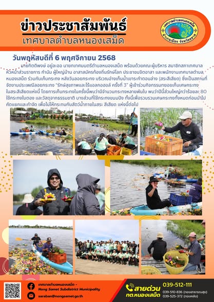 ข่าวประชาสัมพันธ์เทศบาลตำบลหนองเสม็ด
วันพฤหัสบดีที่ 6 พฤศจิกายน 2568
            นายกิตติพงษ์ อยู่ละออ นายกเทศมนตรีตำบลหนองเสม็ด พร้อมด้วยคณะผู้บริหาร สมาชิกสภาเทศบาล หัวหน้าส่วนราชการ กำนัน ผู้ใหญ่บ้าน อาสาสมัครท้องถิ่นรักษ์โลก ประชาชนจิตอาสา และพนักงานเทศบาลตำบลหนองเสม็ด ร่วมกันเก็บกระทง หลังวันลอยกระทง บริเวณอ่างเก็บน้ำเขาระกำตอนล่าง (สระสีเสียด) ซึ่งเป็นสถานที่จัดงานประเพณีลอยกระทง “รักษ์สุขภาพและไร้แอลกอฮอล์ ครั้งที่ 3” ผู้เข้าร่วมกิจกรรมทยอยเก็บเศษกระทงในสระสีเสียดแห่งนี้ โดยการเก็บกระทงในครั้งนี้พบว่ามีจำนวนกระทงหลายพันใบ พบว่าปีนี้ส่วนใหญ่กว่าร้อยละ 80 ใช้กระทงใบตอง และวัสดุจากธรรมชาติ บางส่วนที่ใช้กระทงขนมปัง ทั้งนี้เพื่อรวบรวมเศษกระทงทั้งหมดก่อนนำไปคัดแยกและกำจัด เพื่อไม่ให้กระทบกับสัตว์น้ำภายในสระ สีเสียด แห่งนี้ต่อไป