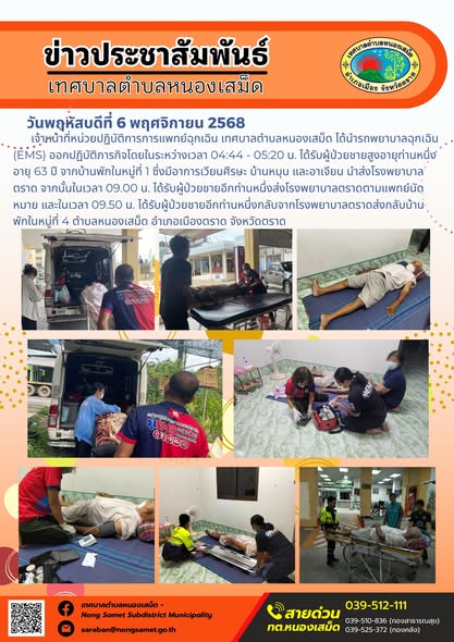 ข่าวประชาสัมพันธ์เทศบาลตำบลหนองเสม็ด
วันพฤหัสบดีที่ 6 พฤศจิกายน 2568
                   เจ้าหน้าที่หน่วยปฏิบัติการการแพทย์ฉุกเฉิน เทศบาลตำบลหนองเสม็ด ได้นำรถพยาบาลฉุกเฉิน (EMS) ออกปฏิบัติภารกิจโดยในระหว่างเวลา 04:44 - 05:20 น. ได้รับผู้ป่วยชายสูงอายุท่านหนึ่ง อายุ 63 ปี จากบ้านพักในหมู่ที่ 1 ซึ่งมีอาการเวียนศีรษะ บ้านหมุน และอาเจียน นำส่งโรงพยาบาลตราด จากนั้นในเวลา 09.00 น. ได้รับผู้ป่วยชายอีกท่านหนึ่งส่งโรงพยาบาลตราดตามแพทย์นัดหมาย และในเวลา 09.50 น. ได้รับผู้ป่วยชายอีกท่านหนึ่งกลับจากโรงพยาบาลตราดส่งกลับบ้าน
พักในหมู่ที่ 4 ตำบลหนองเสม็ด อำเภอเมืองตราด จังหวัดตราด