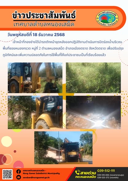 เจ้าหน้าที่กองช่างได้นำรถตักหน้าขุดหลังออกปฏิบัติงานดำเนินการปิดร่องน้ำบริเวณพื้นที่ซอยหนองกรวด หมู่ที่ 2 ตำบลหนองเสม็ด อำเภอเมืองตราด จังหวัดตราด เพื่อปรับปรุงภูมิทัศน์และเพิ่มความปลอดภัยในการใช้พื้นที่ให้แก่ประชาชนเป็นที่เรียบร้อยแล้ว