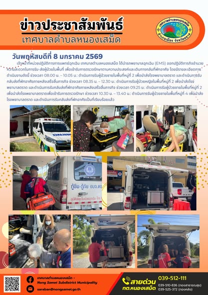 เจ้าหน้าที่หน่วยปฏิบัติการการแพทย์ฉุกเฉิน เทศบาลตำบลหนองเสม็ด ได้นำรถพยาบาลฉุกเฉิน (EMS) ออกปฏิบัติภารกิจอำนวยความสะดวกในการรับ-ส่งผู้ป่วยในพื้นที่ เพื่อเข้ารับการตรวจรักษาตามความประสงค์และเดินทางกลับที่พักอาศัย โดยมีรายละเอียดการดำเนินงานดังนี้