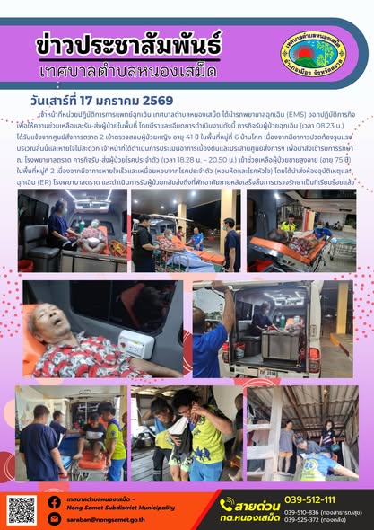 เจ้าหน้าที่หน่วยปฏิบัติการการแพทย์ฉุกเฉิน เทศบาลตำบลหนองเสม็ด ได้นำรถพยาบาลฉุกเฉิน (EMS) ออกปฏิบัติภารกิจเพื่อให้ความช่วยเหลือและรับ-ส่งผู้ป่วยในพื้นที่ โดยมีรายละเอียดการดำเนินงานดังนี้
- ภารกิจรับผู้ป่วยฉุกเฉิน (เวลา 08.23 น.) ได้รับแจ้งจากศูนย์สั่งการตราด 2 เข้าตรวจสอบผู้ป่วยหญิง อายุ 41 ปี ในพื้นที่หมู่ที่ 6 บ้านโคก เนื่องจากมีอาการปวดท้องรุนแรงบริเวณลิ้นปี่และหายใจไม่สะดวก เจ้าหน้าที่ได้ดำเนินการประเมินอาการเบื้องต้นและประสานศูนย์สั่งการฯ เพื่อนำส่งเข้ารับการรักษา ณ โรงพยาบาลตราด
- ภารกิจรับ-ส่งผู้ป่วยโรคประจำตัว (เวลา 18.28 น. – 20.50 น.) เข้าช่วยเหลือผู้ป่วยชายสูงอายุ (อายุ 75 ปี) ในพื้นที่หมู่ที่ 2 เนื่องจากมีอาการหายใจเร็วและเหนื่อยหอบจากโรคประจำตัว (หอบหืดและโรคหัวใจ) โดยได้นำส่งห้องอุบัติเหตุและฉุกเฉิน (ER) โรงพยาบาลตราด และดำเนินการรับผู้ป่วยกลับส่งถึงที่พักอาศัยภายหลังเสร็จสิ้นการตรวจรักษาเป็นที่เรียบร้อยแล้ว