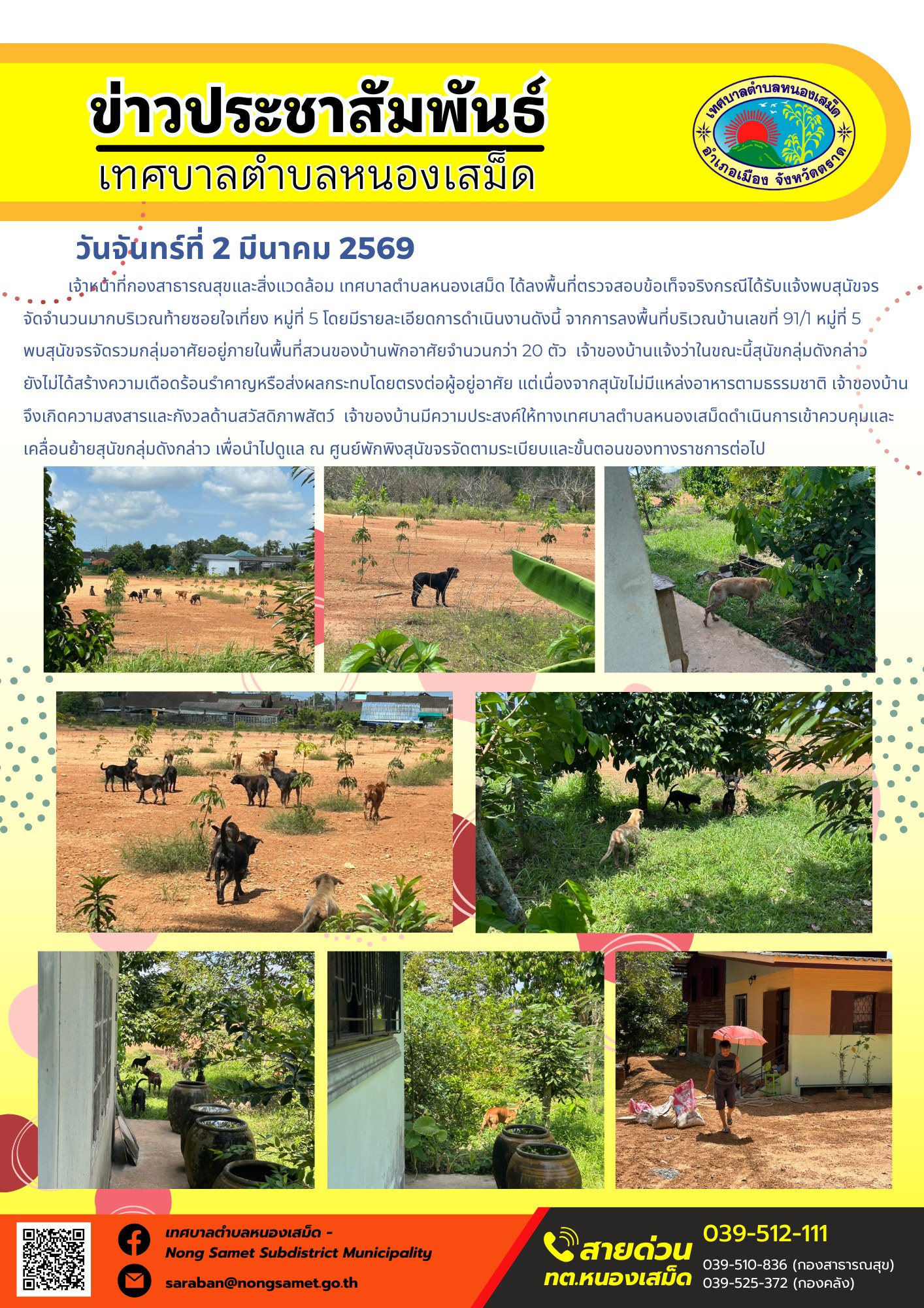 เจ้าหน้าที่กองสาธารณสุขและสิ่งแวดล้อม เทศบาลตำบลหนองเสม็ด ได้ลงพื้นที่ตรวจสอบข้อเท็จจริงกรณีได้รับแจ้งพบสุนัขจรจัดจำนวนมากบริเวณท้ายซอยใจเที่ยง หมู่ที่ 5 โดยมีรายละเอียดการดำเนินงานดังนี้