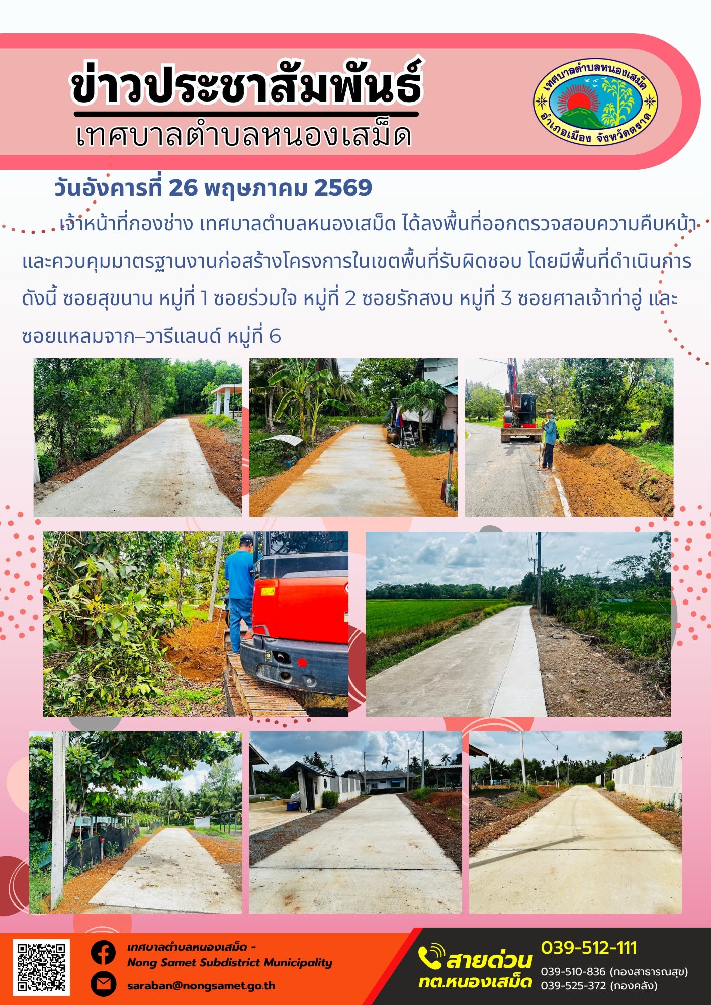 เจ้าหน้าที่กองช่าง เทศบาลตำบลหนองเสม็ด ได้ลงพื้นที่ออกตรวจสอบความคืบหน้าและควบคุมมาตรฐานงานก่อสร้างโครงการในเขตพื้นที่รับผิดชอบ โดยมีพื้นที่ดำเนินการ ดังนี้