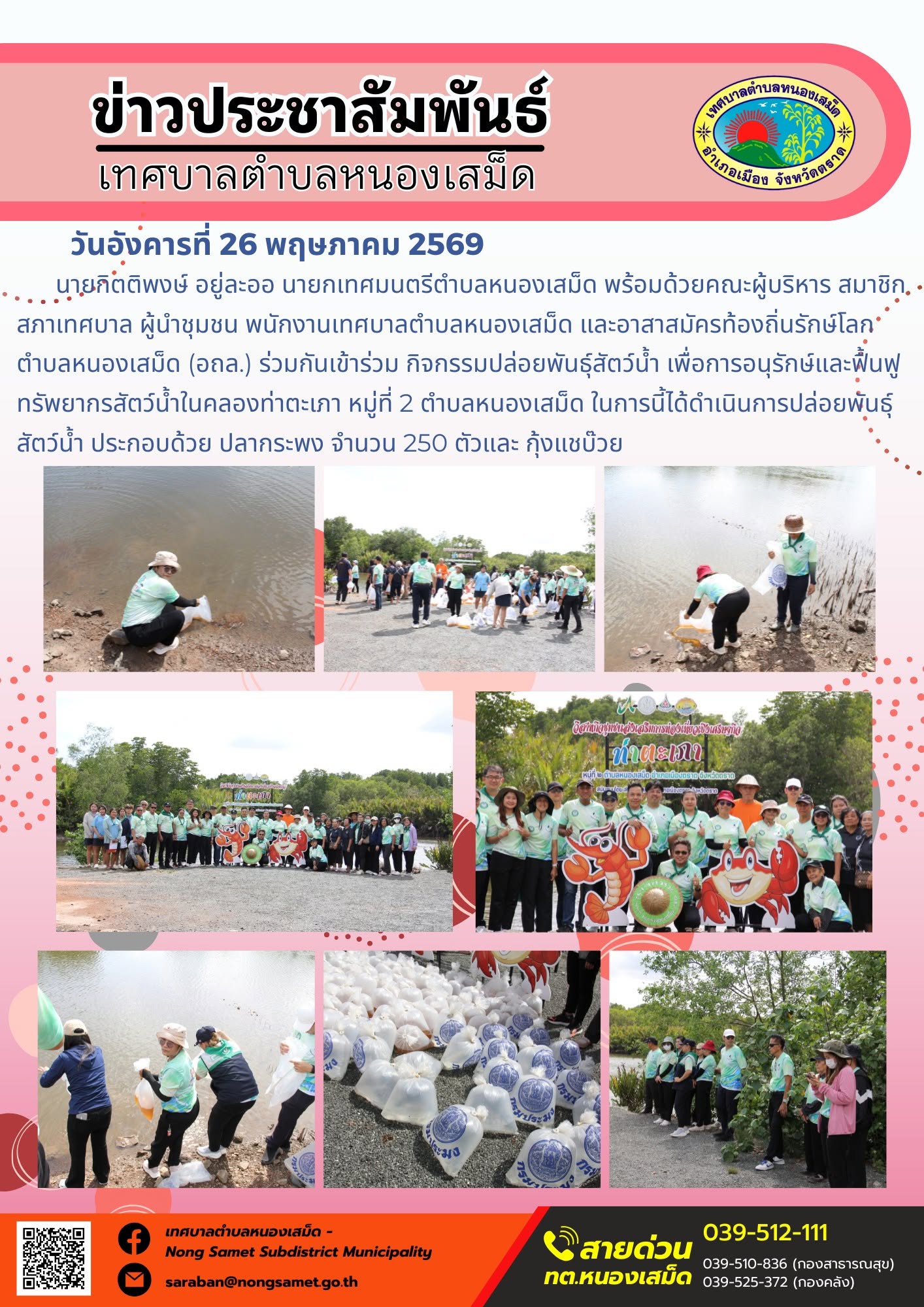 นายกิตติพงษ์ อยู่ละออ นายกเทศมนตรีตำบลหนองเสม็ด พร้อมด้วยคณะผู้บริหาร สมาชิกสภาเทศบาล ผู้นำชุมชน พนักงานเทศบาลตำบลหนองเสม็ด และอาสาสมัครท้องถิ่นรักษ์โลกตำบลหนองเสม็ด (อถล.) ร่วมกันเข้าร่วม กิจกรรมปล่อยพันธุ์สัตว์น้ำ เพื่อการอนุรักษ์และฟื้นฟูทรัพยากรสัตว์น้ำในคลองท่าตะเภา หมู่ที่ 2 ตำบลหนองเสม็ด
ในการนี้ได้ดำเนินการปล่อยพันธุ์สัตว์น้ำ ประกอบด้วย