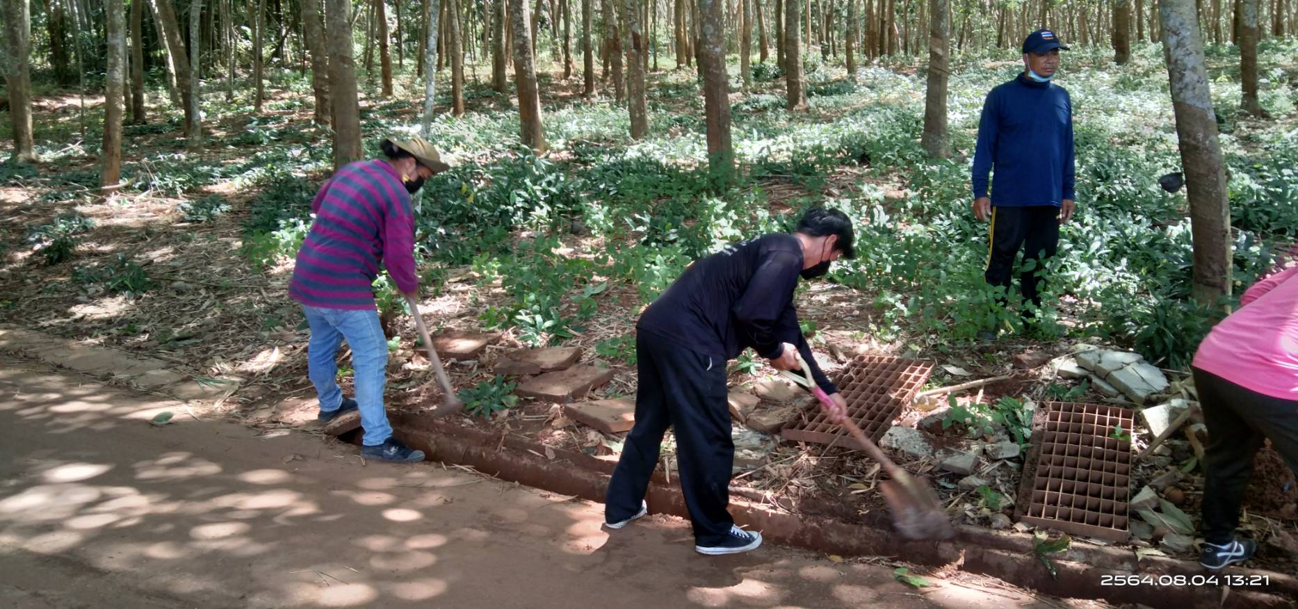 โกยดินในร่องน้ำหลังวัดลำดวนและวางตะแกรงเหล็กเสริมแผ่นปูนที่ชำรุด